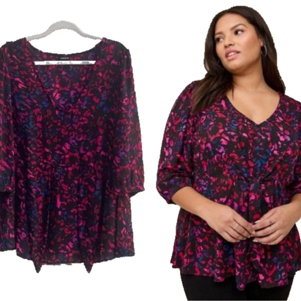 Torrid Peplum Georgette Tie Front Leopard Print  Blouse Plus Size 2X Black Pink - Picture 2 of 14